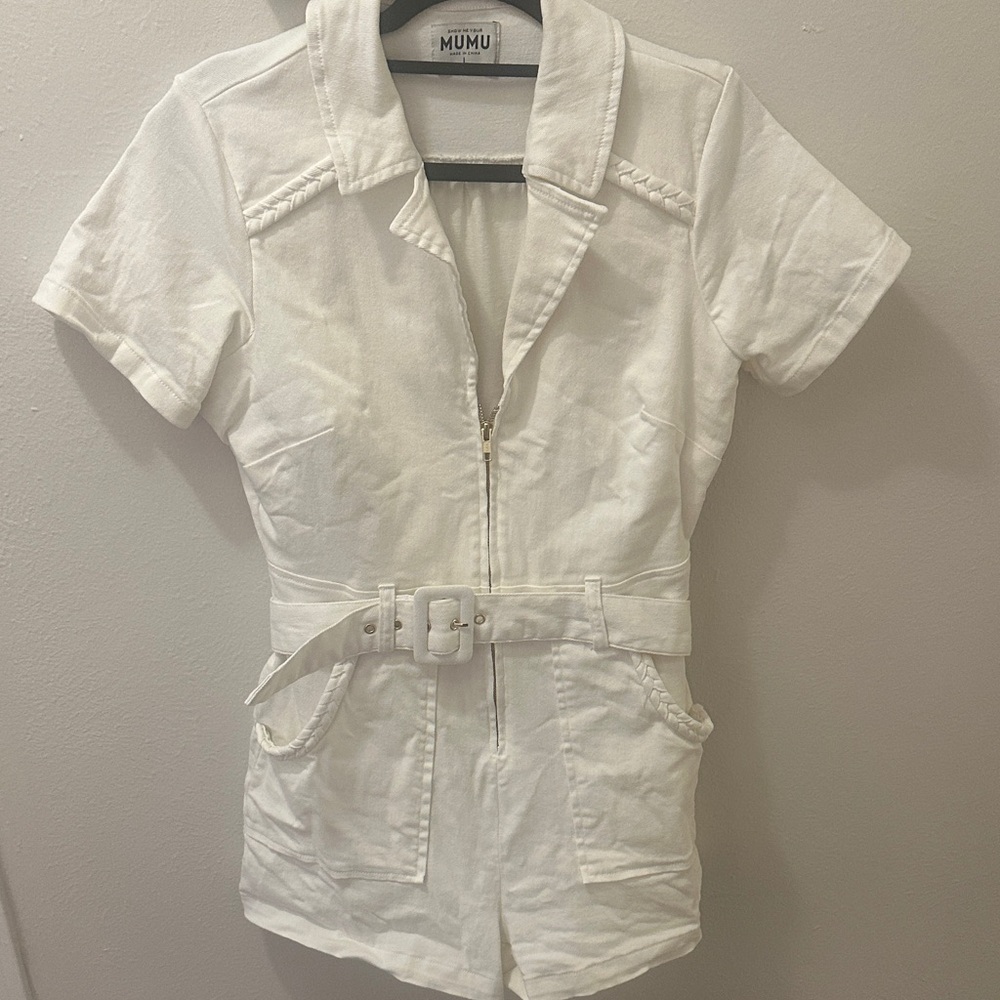 Show me your mu mu White Short Sleeve Romper with Belt “outlaw romper”